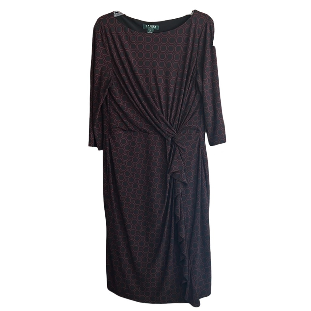 Lauren Ralph Lauren Jersey Knit Faux Wrap Knotted Waist Dress Size 16 Black Red - Picture 2 of 6